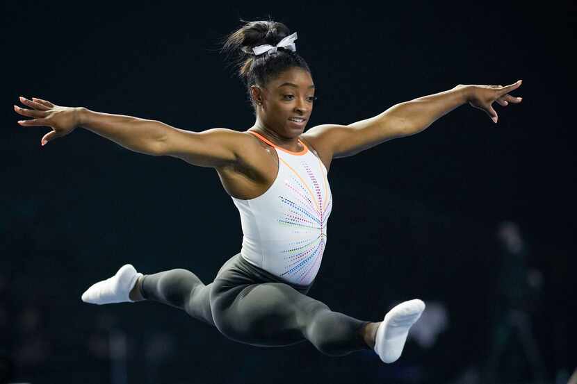 Simone Biles warms up before competing in the U.S. Classic gymnastics competition in...
