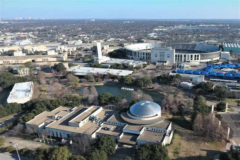 A recent aerial view of Fair Park, taken from a drone, with the Cotton Bowl in the background.