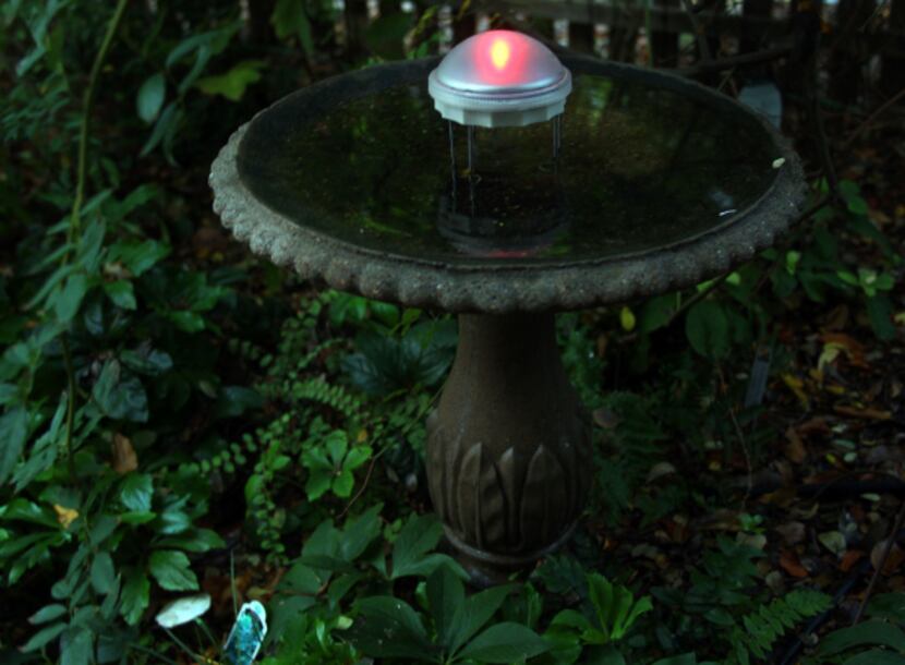 The battery-powered water wiggler lights up at dusk and changes colors for about three hours.