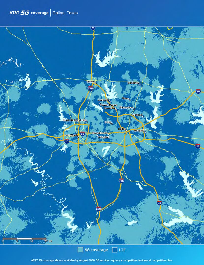 AT&T's 5G and 4G LTE coverage in Dallas.