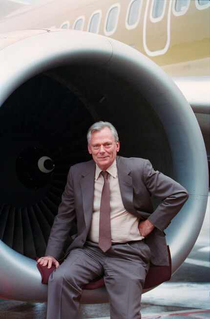 Southwest Airlines CEO Herb Kelleher photographed sitting on an engine in 1991. (David...