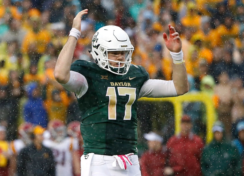 WACO, TX - OCTOBER 24: Seth Russell #17 of the Baylor Bears reacts after Baylor scored a...