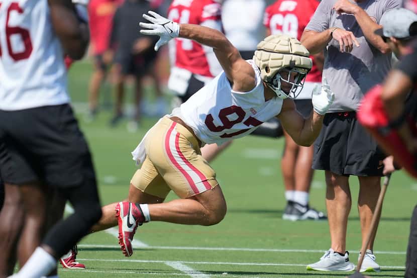 San Francisco 49ers defensive end Nick Bosa practices during NFL football training camp in...