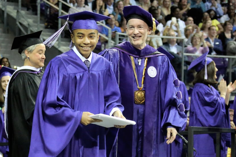 14-year-old Carson Huey-You receives a bachelor's degree in physics at the TCU commencement,...