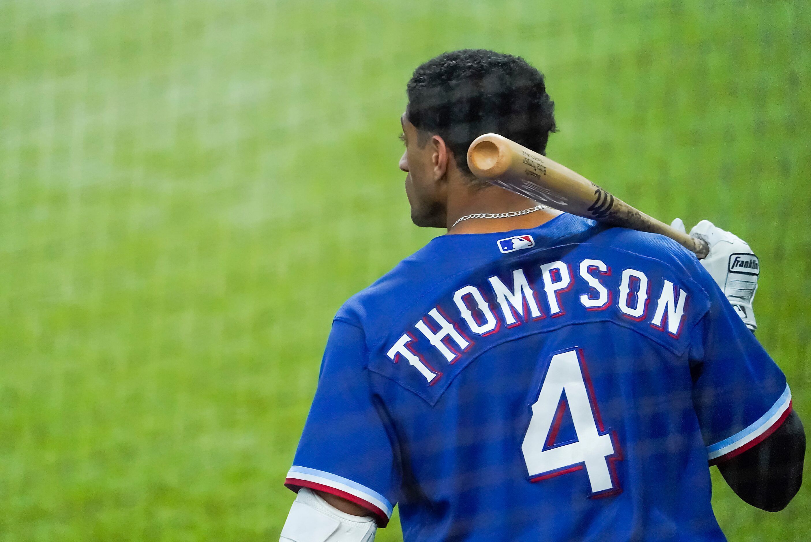 Texas Rangers outfielder Bubba Thompson stands in the on circle during a game between...