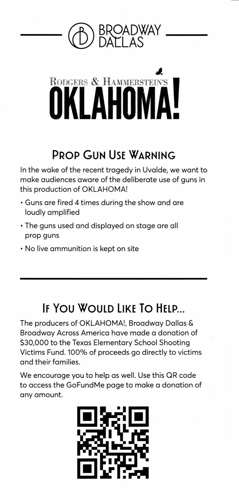 This is a warning that appeared in "Playbill" distributed by Broadway Dallas before the...