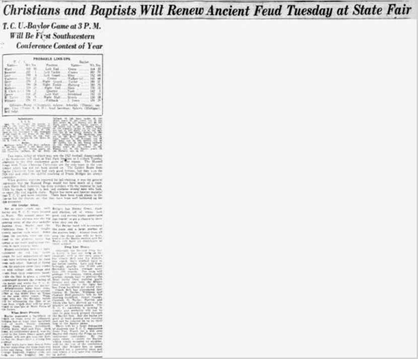 A 1925 excerpt from The Dallas Morning News, trumpeting a Baylor-TCU game.