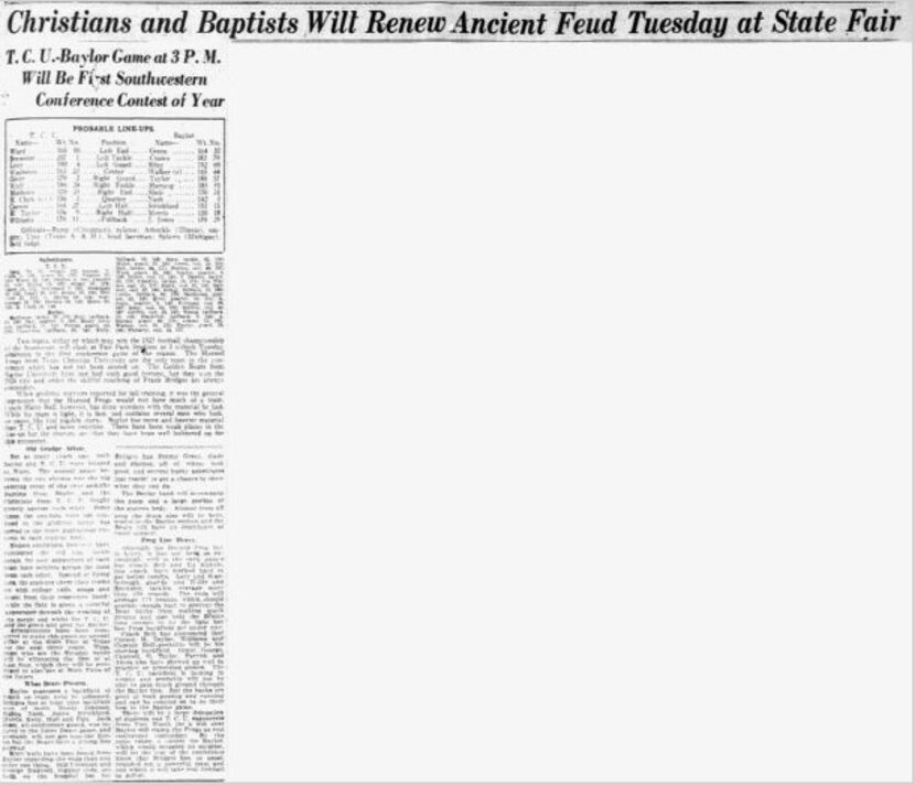 A 1925 excerpt from The Dallas Morning News, trumpeting a Baylor-TCU game.