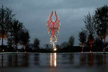 The 'Spirit of Rowlett' sculpture by Troy Connatse, which commemorates the aftermath of the...