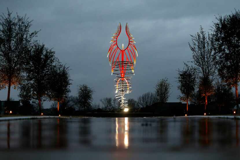 The 'Spirit of Rowlett' sculpture by Troy Connatse, which commemorates the aftermath of the...