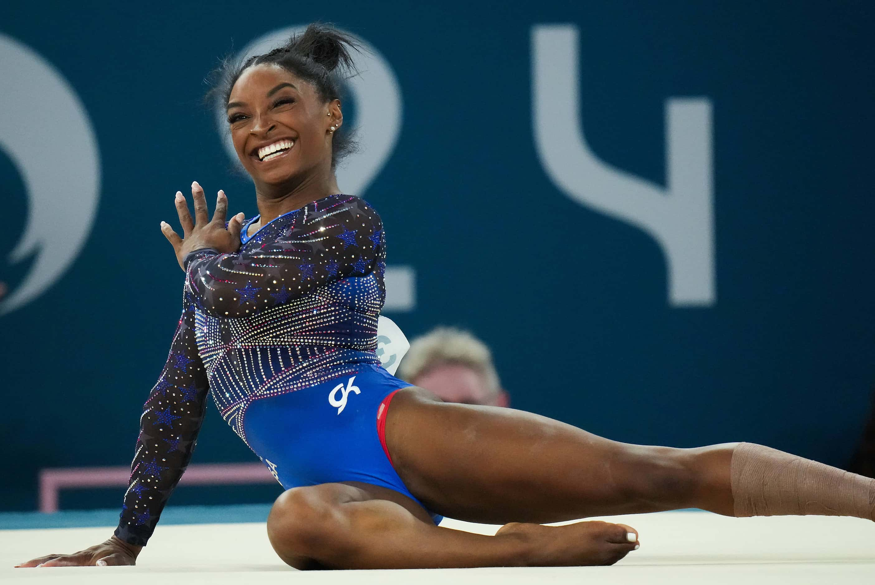 Simone Biles of the United States competes on the floor during the women’s gymnastics...