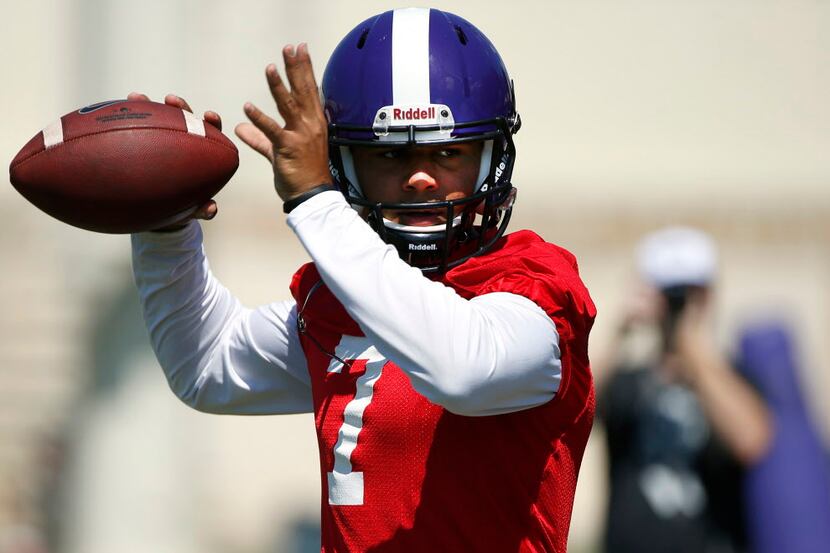 Texas Christian quarterback Kenny Hill (7) during a team drill at practice on Friday, Aug....