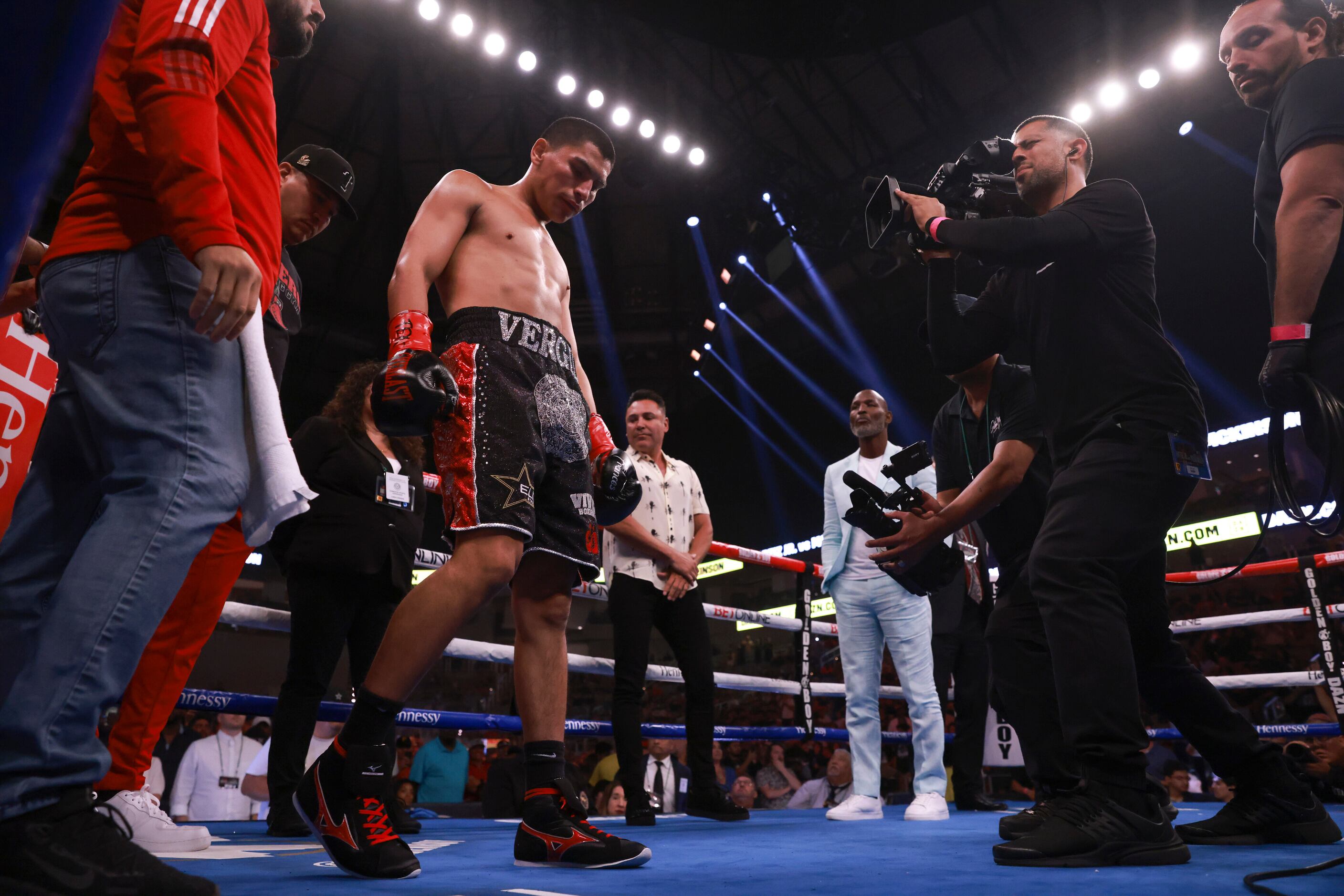 Vergil Oritz Jr. is introduced in the ring before fighting Michael McKinson, Saturday,...