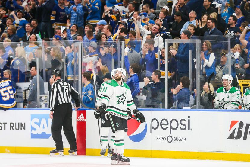 Dallas Stars center Tyler Seguin (91) looks up at the video board after the St. Louis Blues...