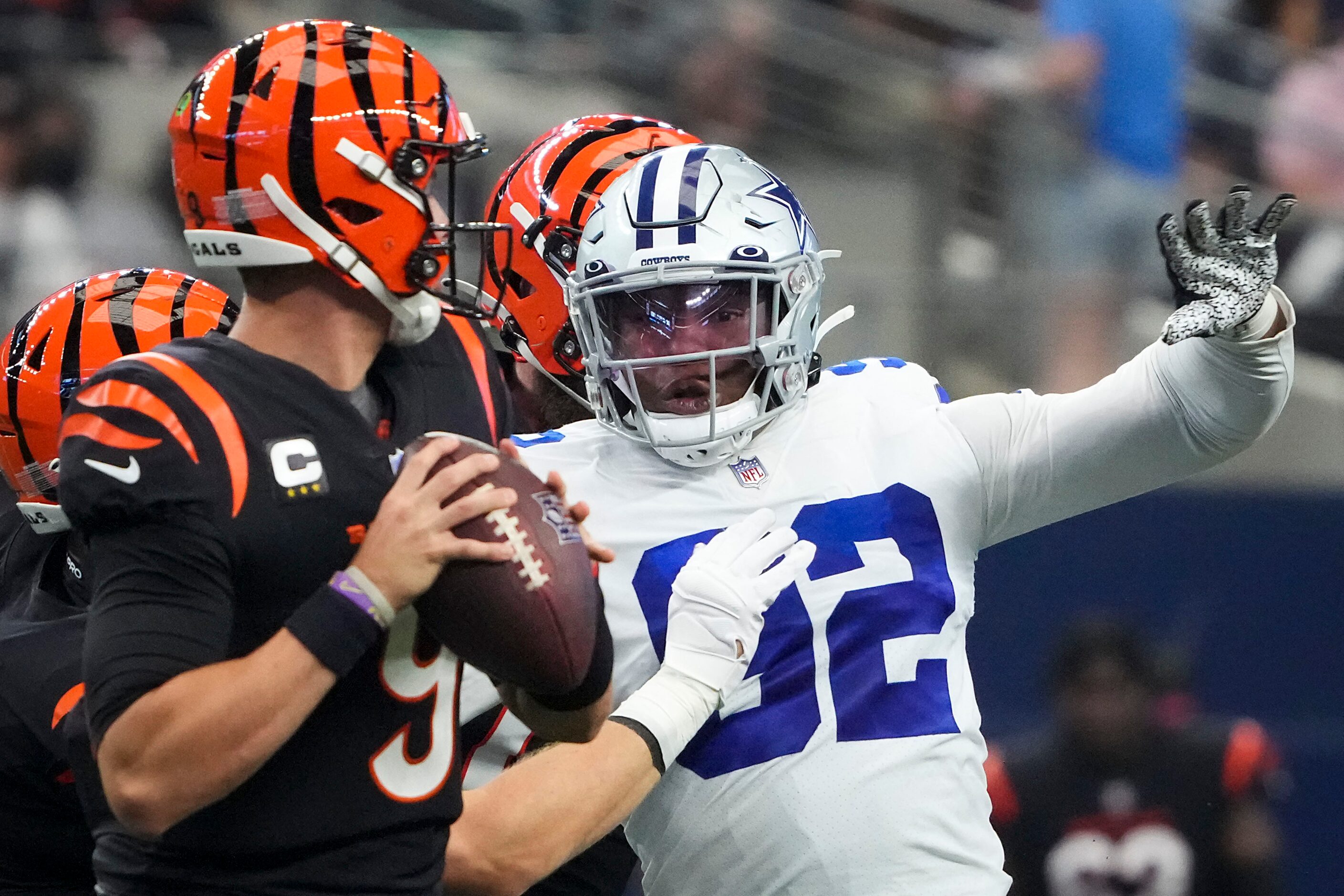 Dallas Cowboys defensive end Dorance Armstrong (92) sacks Cincinnati Bengals quarterback Joe...