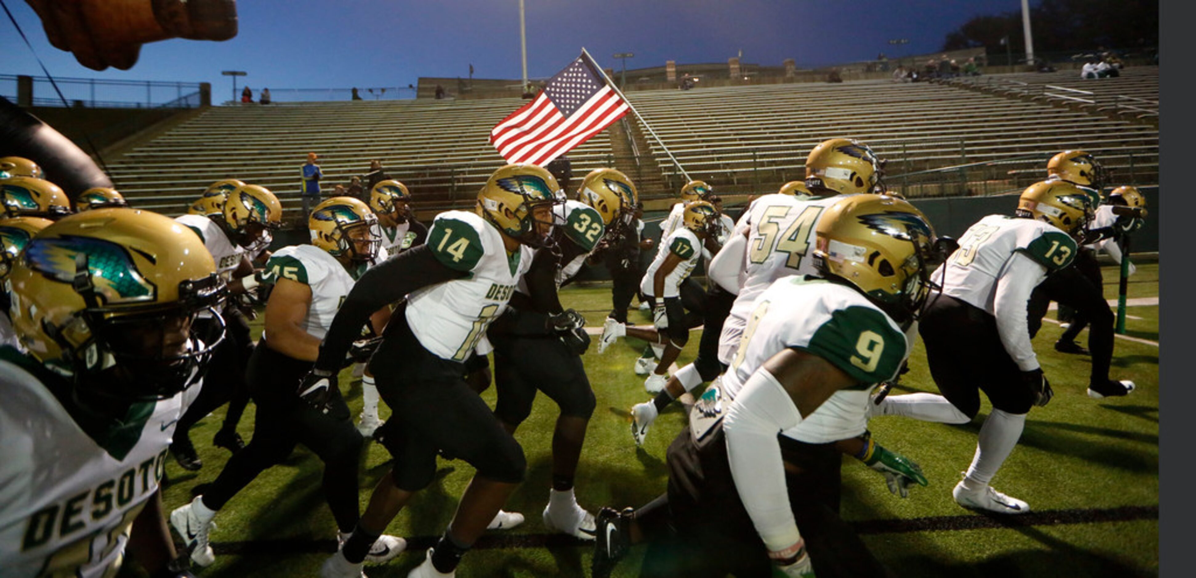 Desoto takes the field against South Grand Prairie at Gopher-Warrior Bowl in Grand Prarie on...