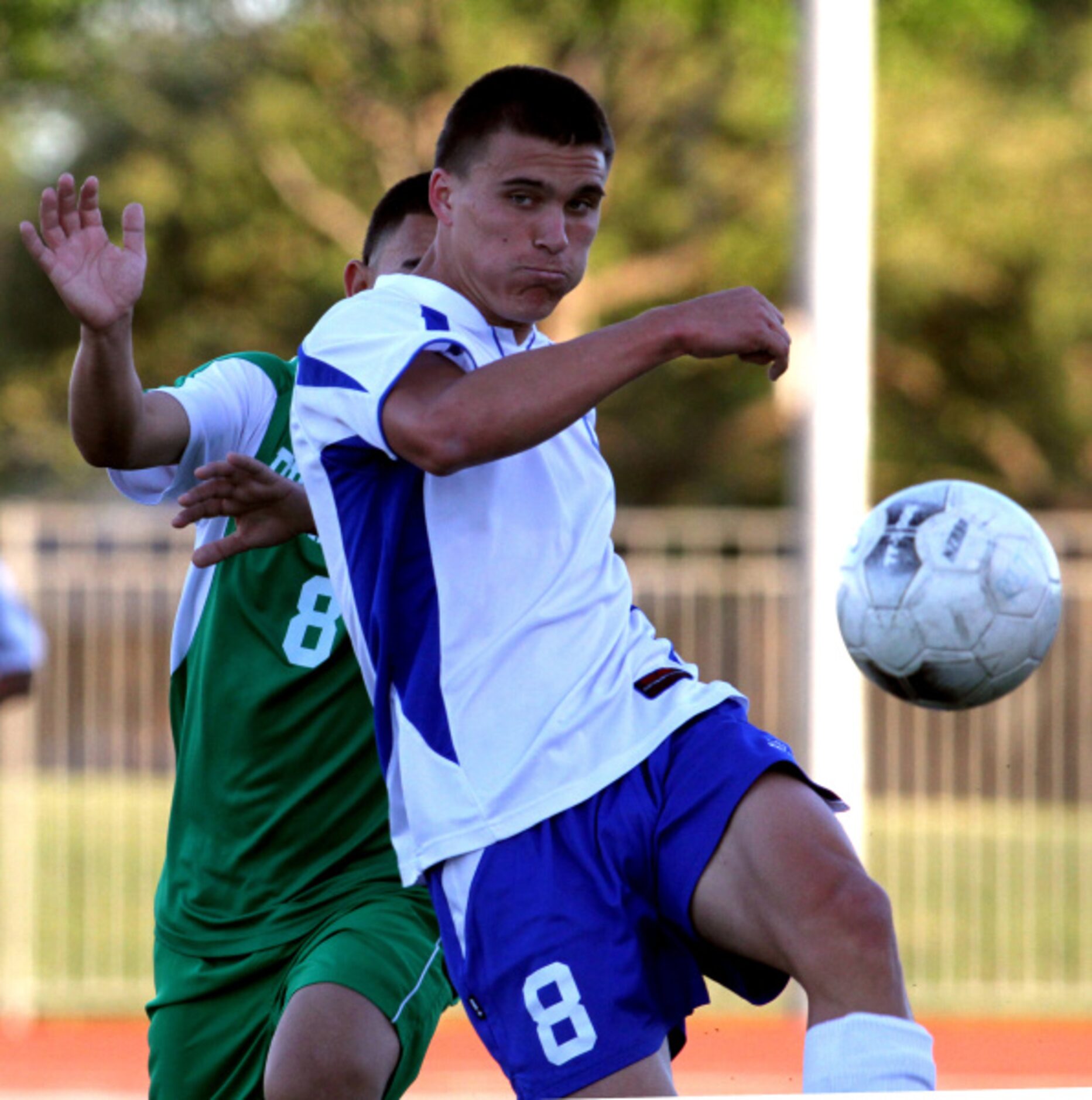 R.L. Turner's Jacob Vancompernolle (8) eyes the goal as he controls the ball over the...