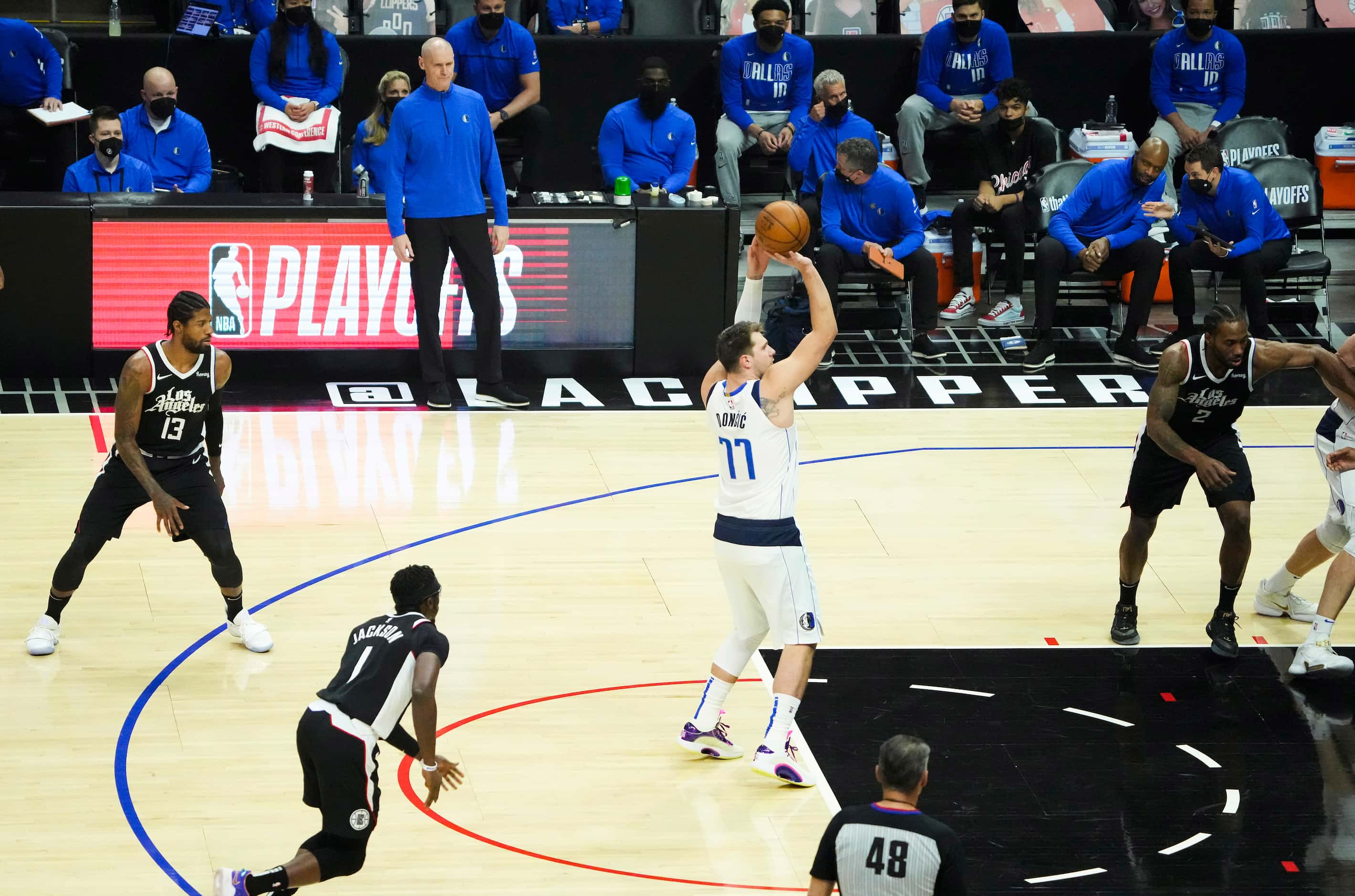 Dallas Mavericks guard Luka Doncic (77) shoots a free throw during the first quarter of Game...