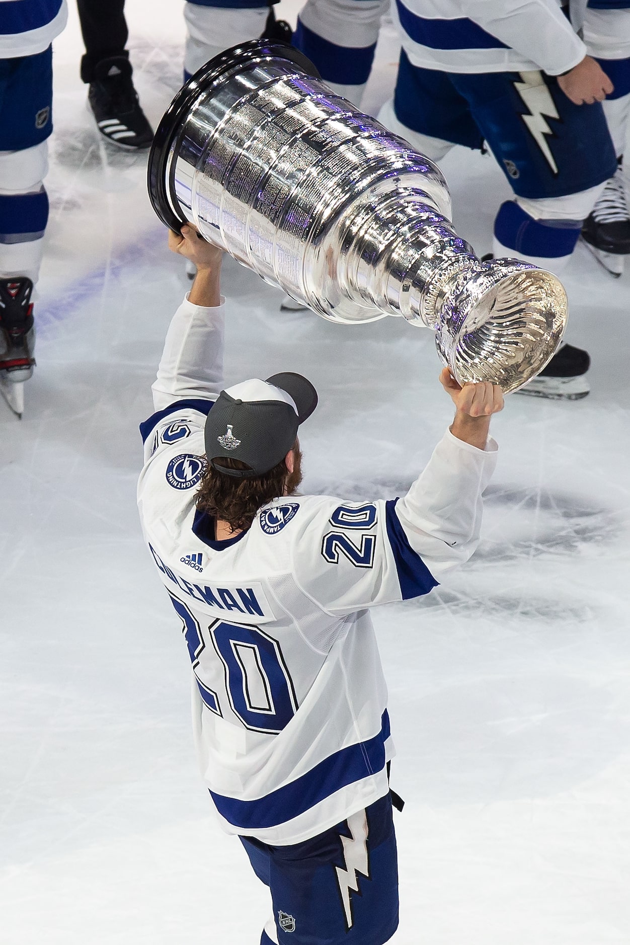 Blake Coleman (20) of the Tampa Bay Lightning hoists the Stanley Cup after defeating the...