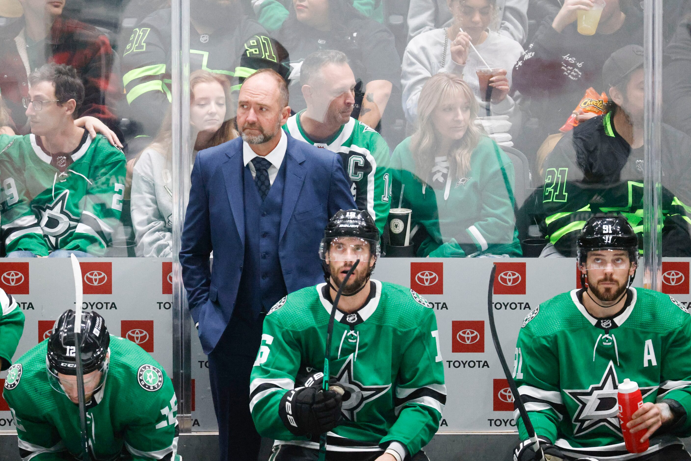 Dallas Stars head coach Peter DeBoer during the third period of an NHL hockey game against...