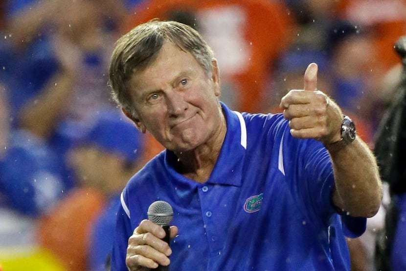 Former Florida player and head coach Steve Spurrier makes remarks after he was honored...