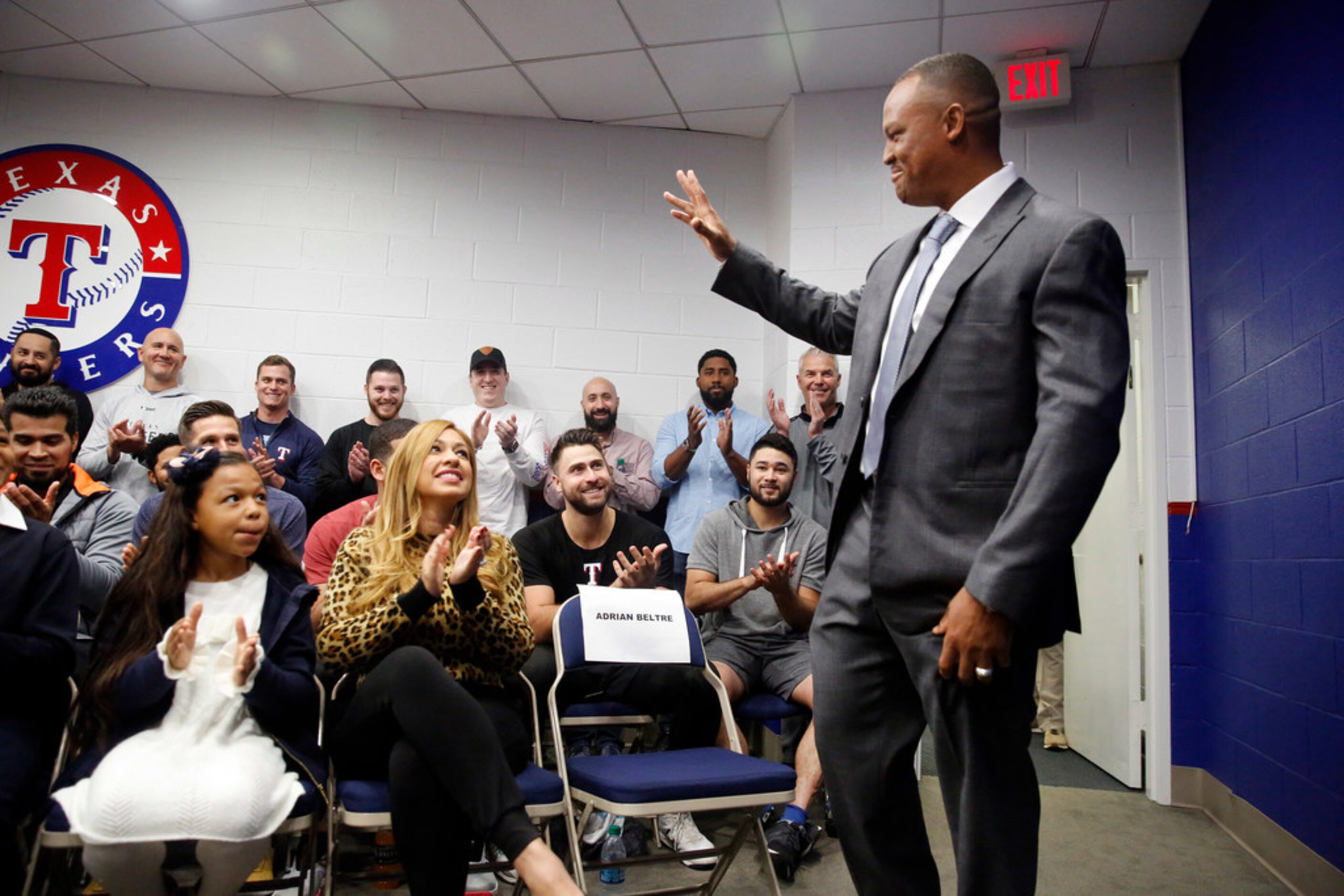 Former Texas Rangers third baseman Adrian Beltre waves as he's introduced by ballpark...