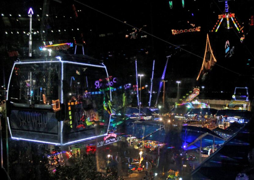 A view of the lights and reflections along the midway from the Skyway at the 2012 State Fair...