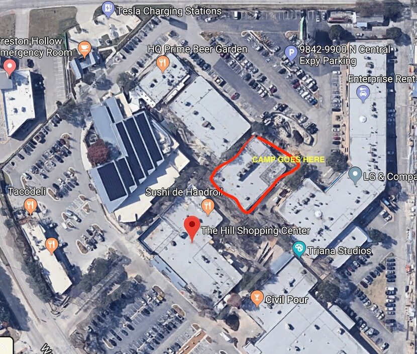 Aerial map of The Hill shopping center on the northeast corner of Walnut Hill Lane and N....