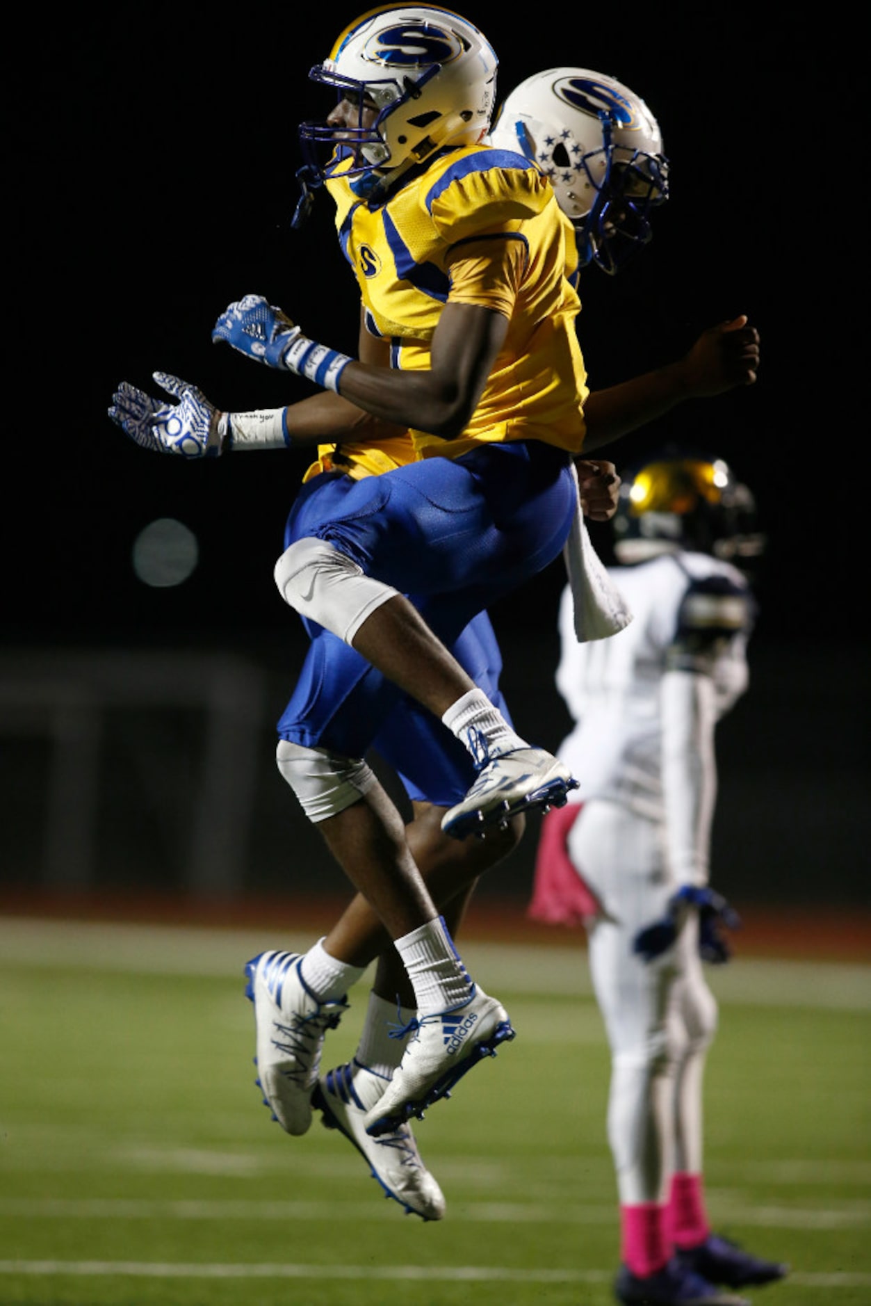 Sunnyvale wide receiver Chima Ennyinna (1) celebrates his touchdown reception against Life...