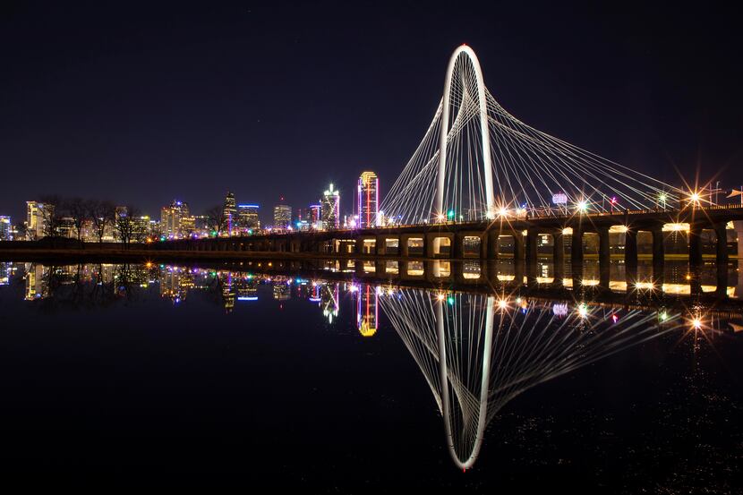 The Dallas skyline added some curves with the Margaret Hunt Hill Bridge.