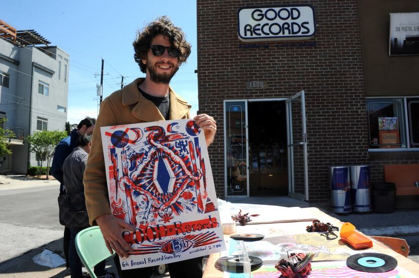 Dallas based artist Nevada Hill creates psychedelic band posters for sale at Good Records on...