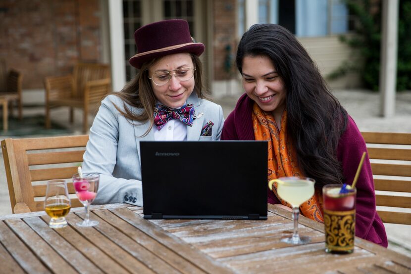 Dallas bartenders Jones Long (left) and Alex Rivera edit one of their latest home-based...