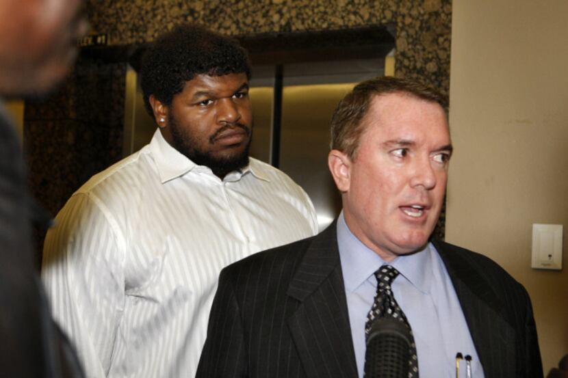 Josh Brent (left) and his attorney George Milner spent half an hour at the Dallas County...