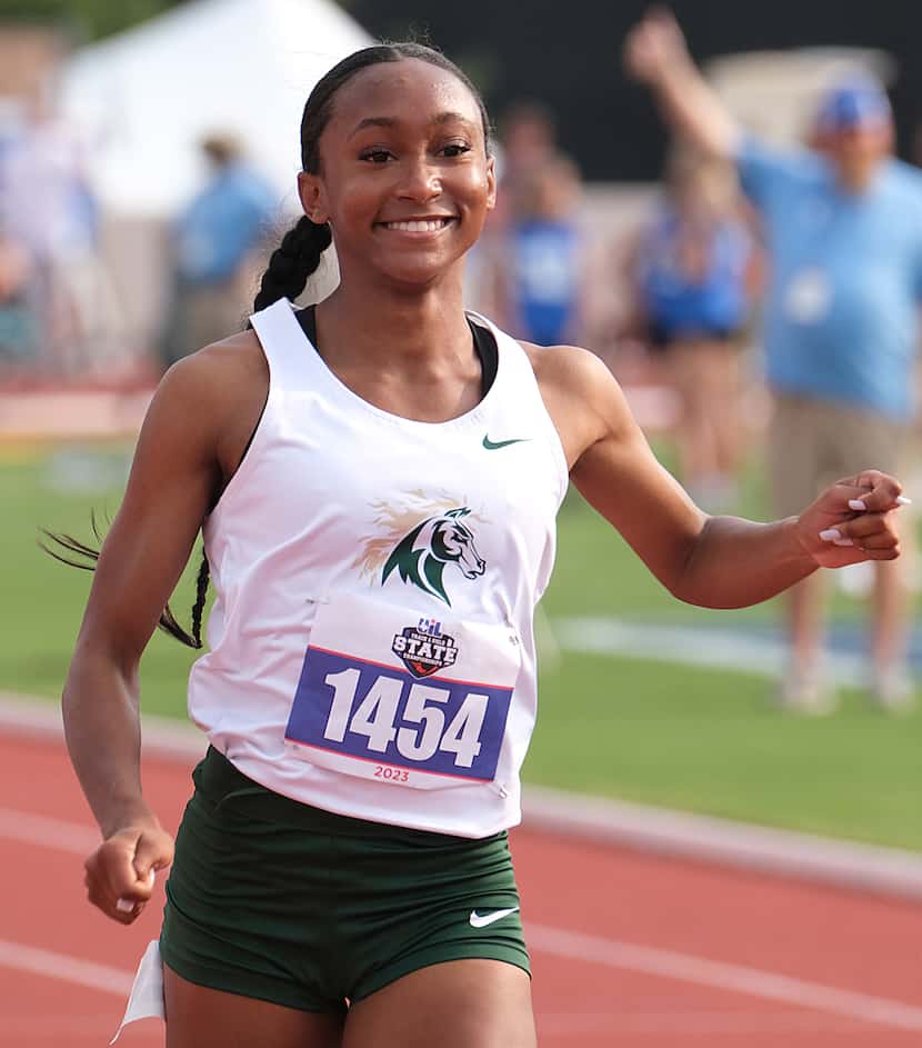 Laila Hackett of Frisco Lebanon competes in the Girls 100 M dash at the UIL State track...