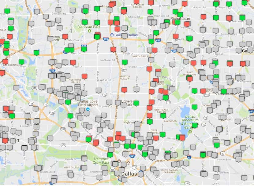Red indicates gas stations that drivers reported as having run out of gas. 