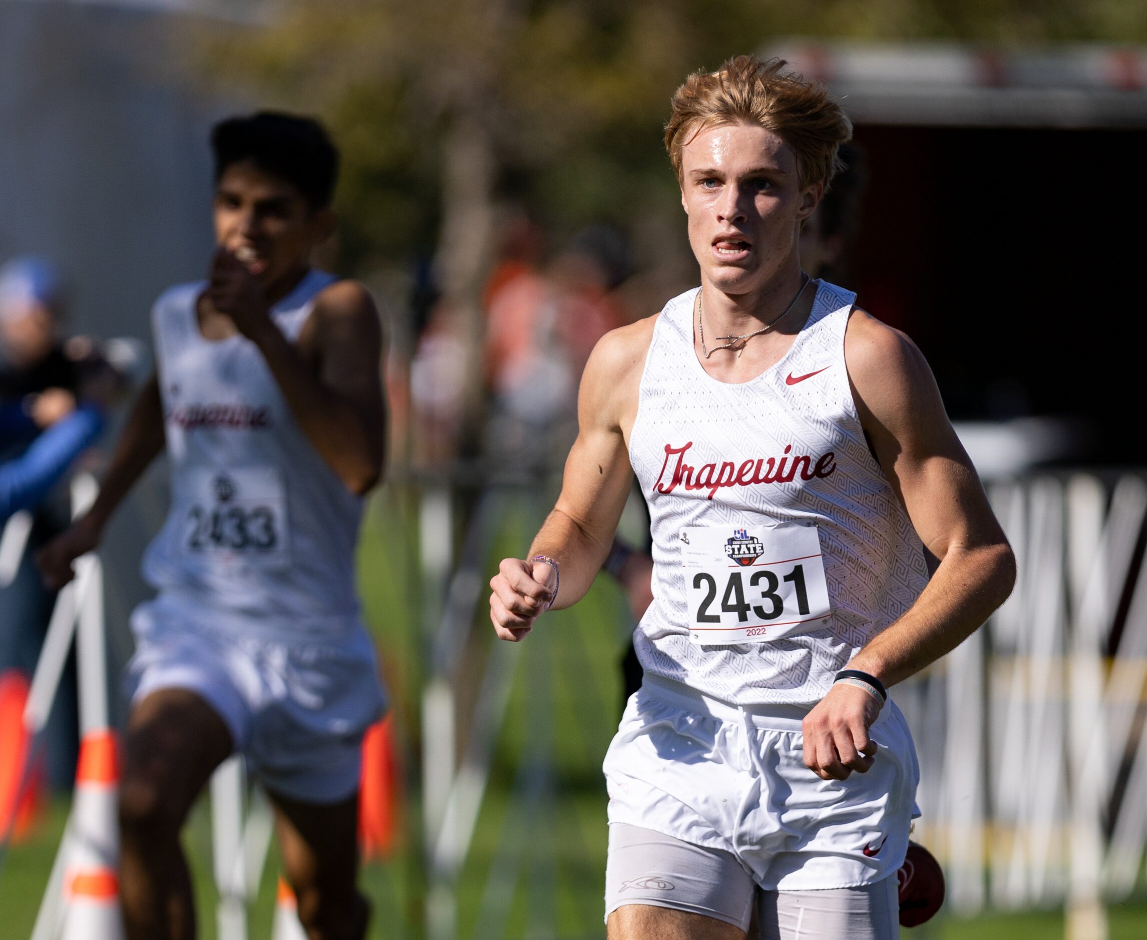 Adam Burlison of the Grapevine Mustangs runs toward the finish in the 5A boys’ 5k race...