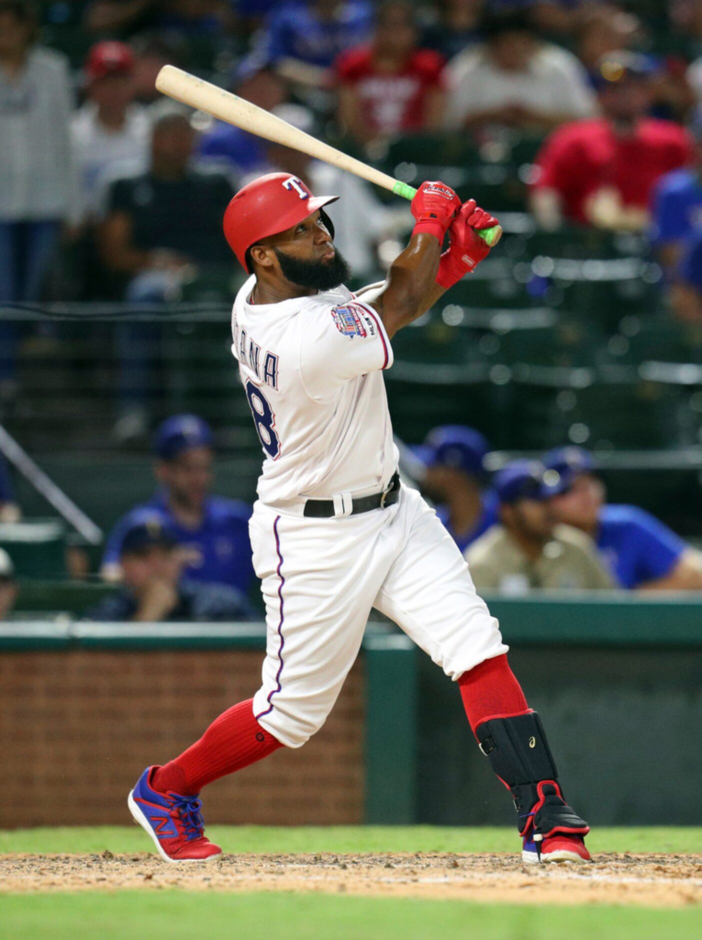 Texas Rangers Danny Santana watches  his home run during the sixth inning of the team's...