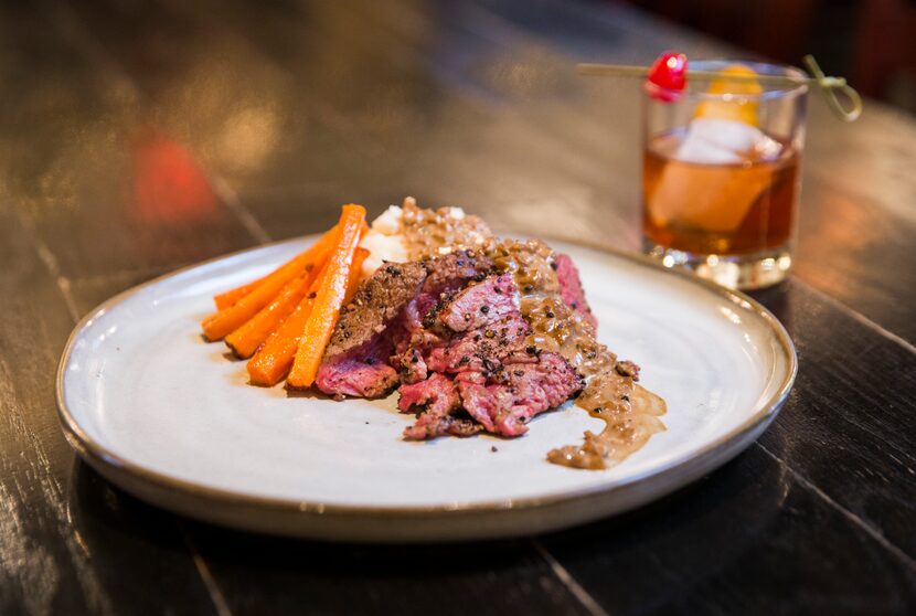 Beef tenderloin au poivre with blue cheese mash paired with a Kooper Family Rye Old...