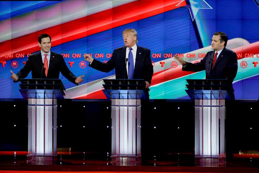  Republican presidential candidates (from left) Marco Rubio, Donald Trump and Ted Cruz...