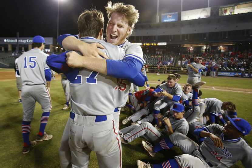 Grapevine's Dylan Gonzales (27) and Tayler Johann, center, celebrate defeating San Antonio...