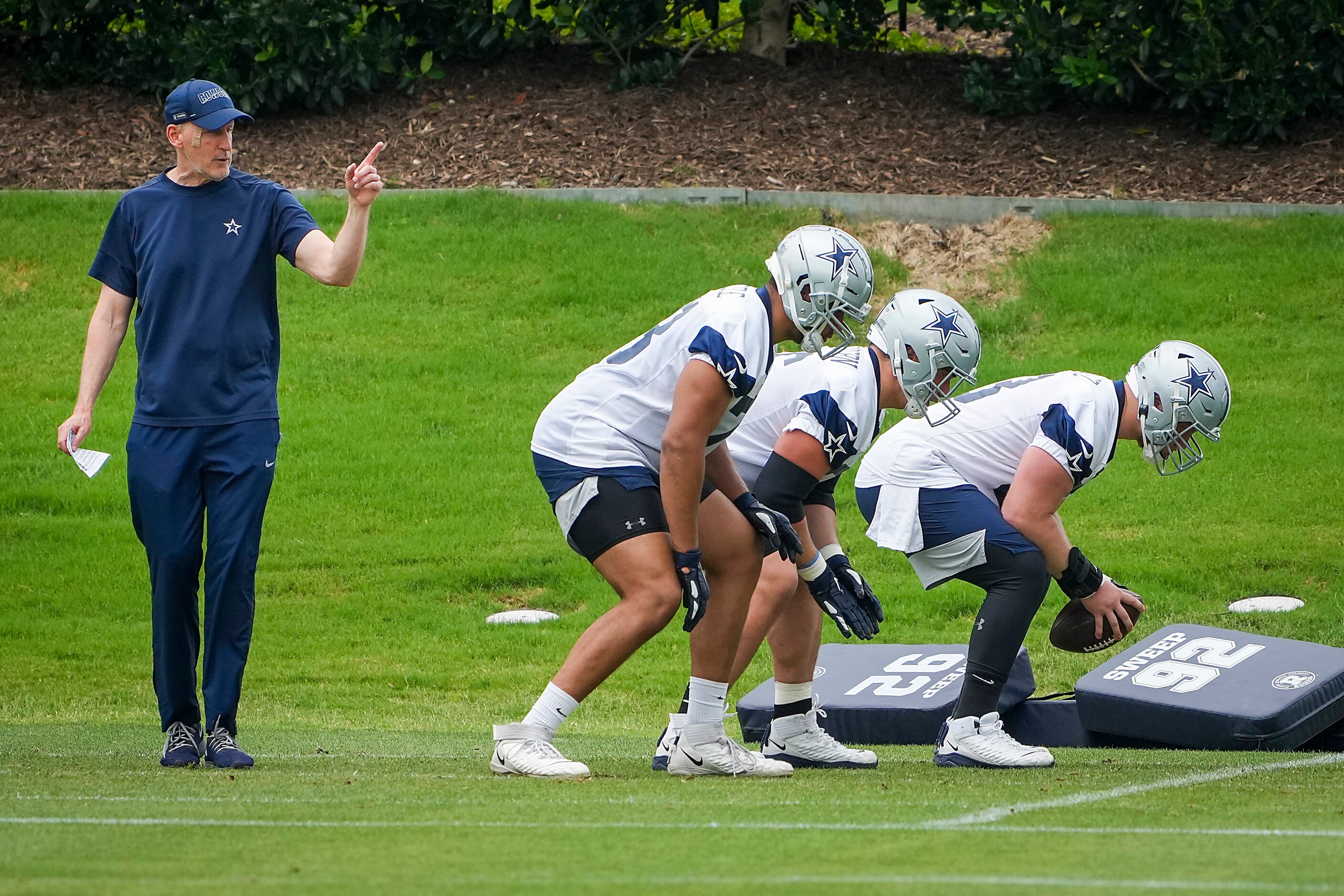 Dallas Cowboys offensive line coach Joe Philbin directs a drill during a minicamp practice...