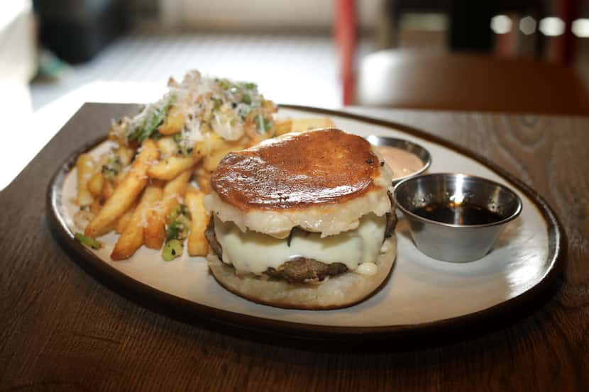 The Chinese Neighbor's menu is Chinese-American fusion. Here's the Dragon Dumpling Burger...