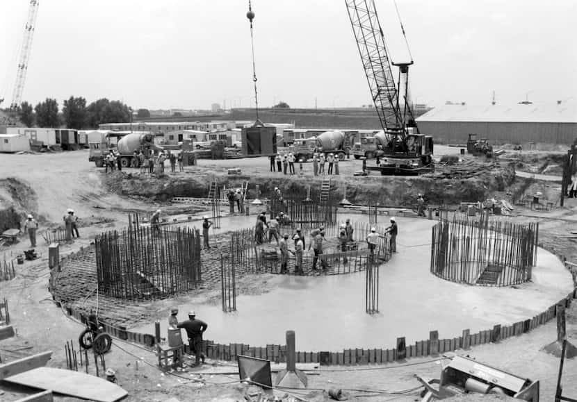 The "Table" base of Reunion Tower being built in 1976. 