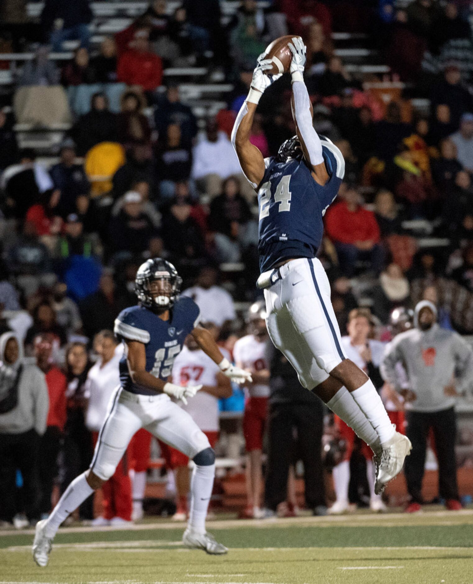 Frisco Lone Star junior linebacker Jaylan Ford (24) intercepts a pass against Mansfield...