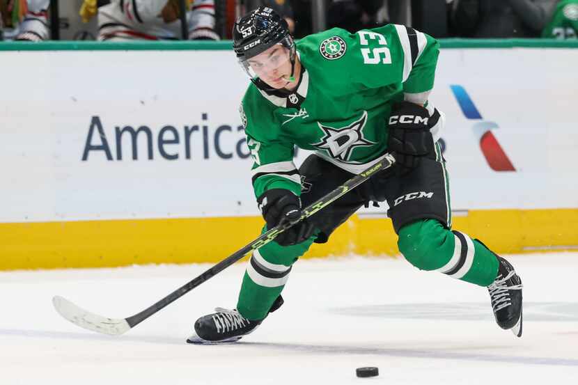 Dallas Stars center Wyatt Johnston (53) prepares to pass in the third period of a game at...