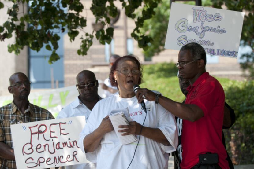 Exoneree Richard Miles held the microphone for Lucille Spencer Greene  to talk about her...