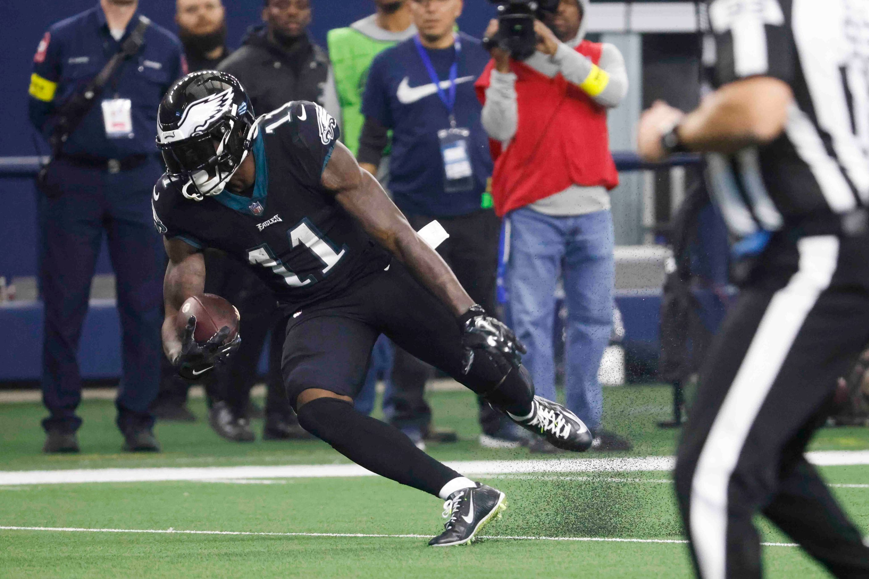 Philadelphia Eagles wide receiver A.J. Brown (11) runs for a yardage against Dallas Cowboys...