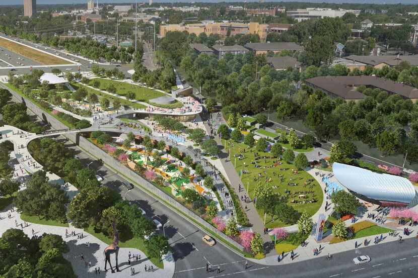Rendering of Southern Gateway Park, a deck park that is being built over I-35E near the...
