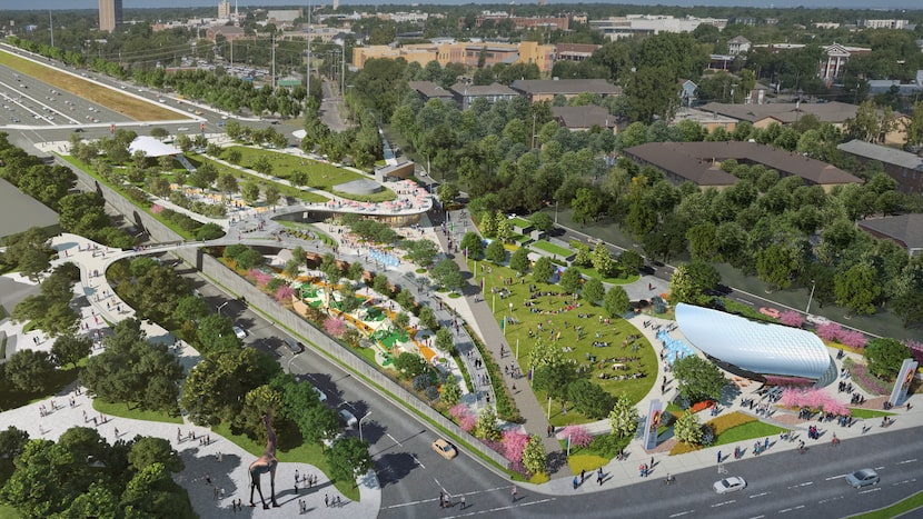 Rendering of Southern Gateway Park, a deck park that is being built over I-35E near the...