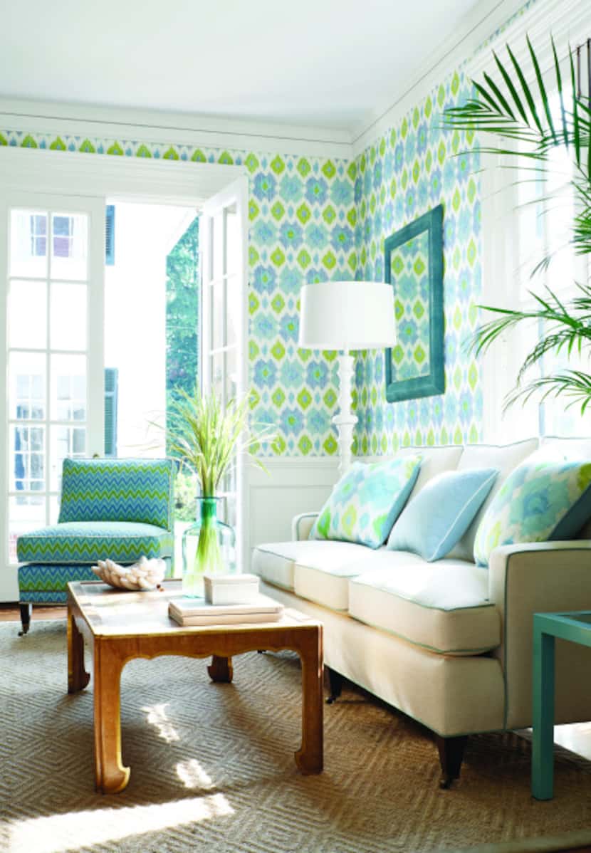 Thibault wallpaper's Bimini Ikat print from the Biscayne Collection is carried at Phelan's,...